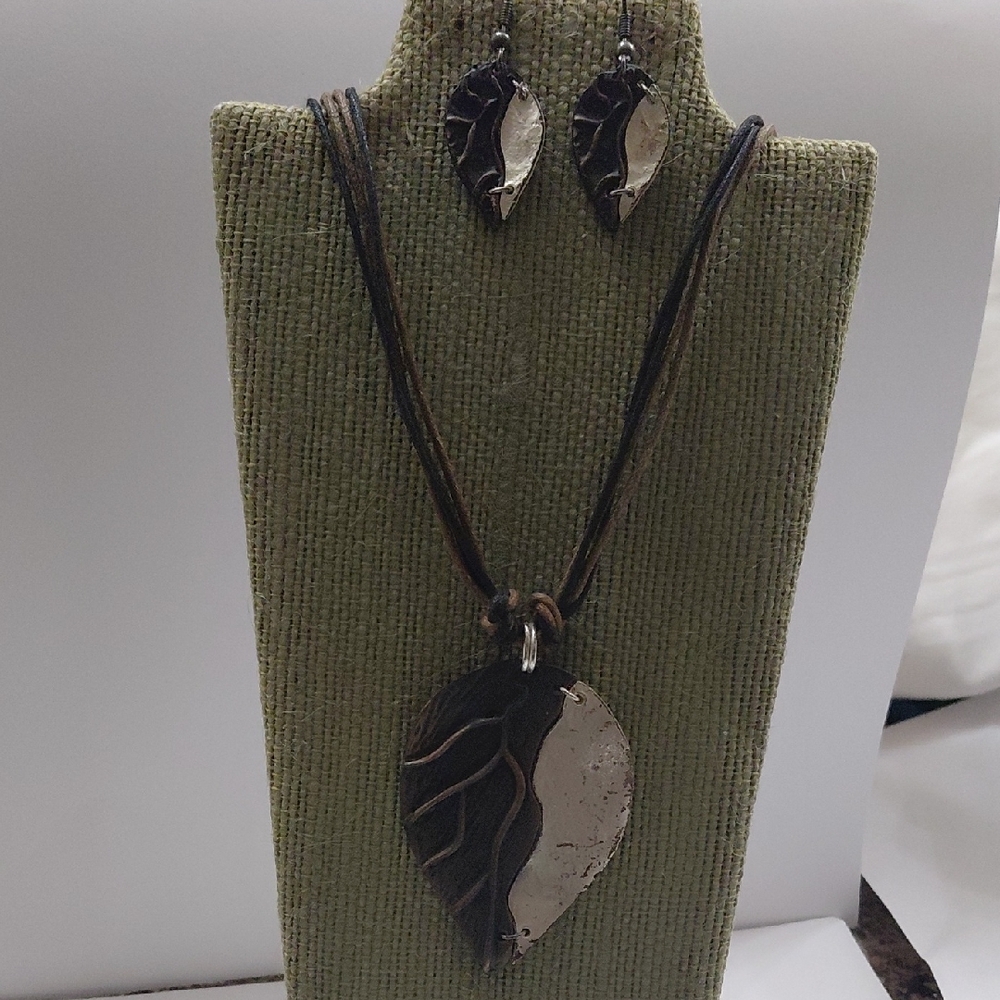 Handcrafted Brown and Silver Leaf Pendant Necklace & Earring Set